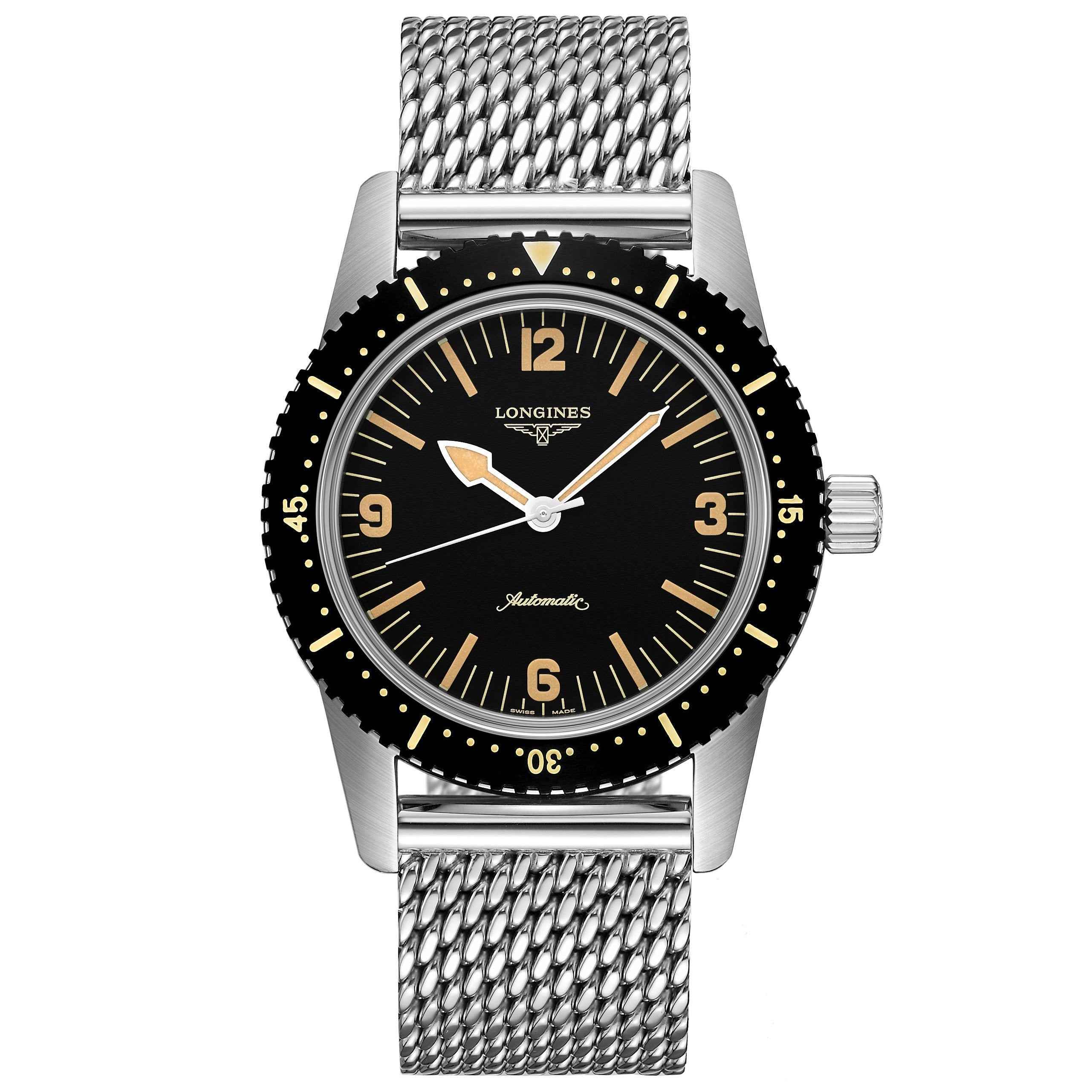 Orologio uomo Longines Skin Diver in acciaio, quadrante nero, cinturino maglia
