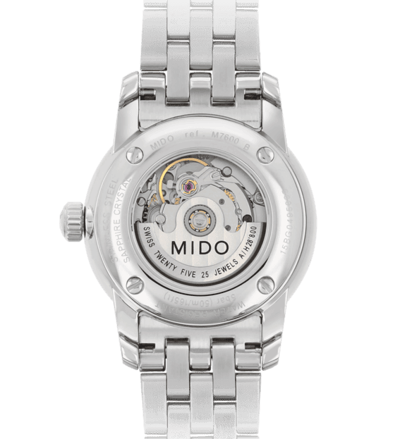 Orologio Mido con fondello trasparente e movimento visibile, bracciale in acciaio