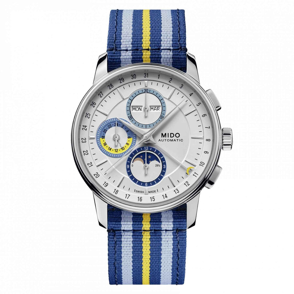 Orologio automatico Mido con cassa argento e cinturino blu a righe gialle