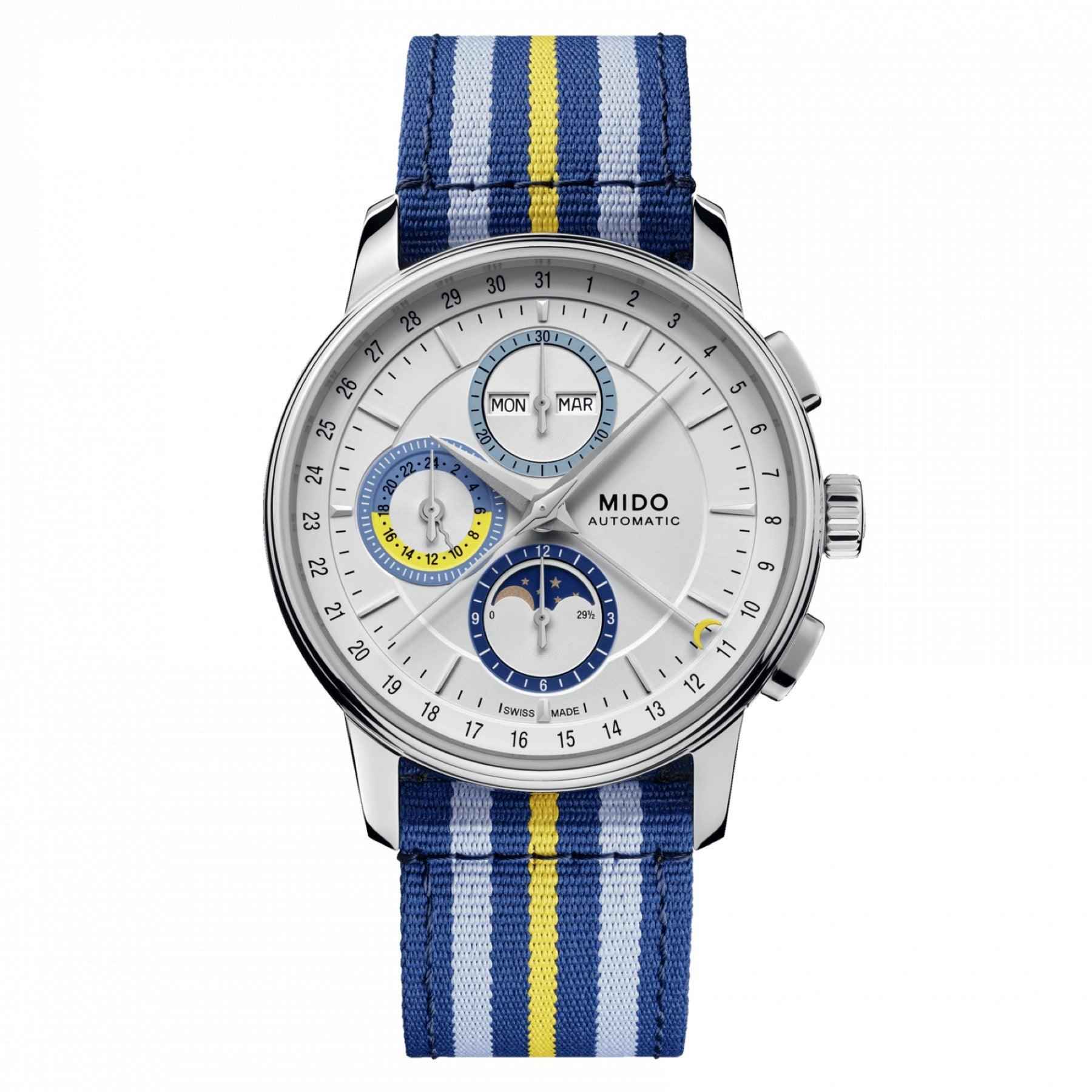 Orologio automatico Mido con cassa argento e cinturino blu a righe gialle