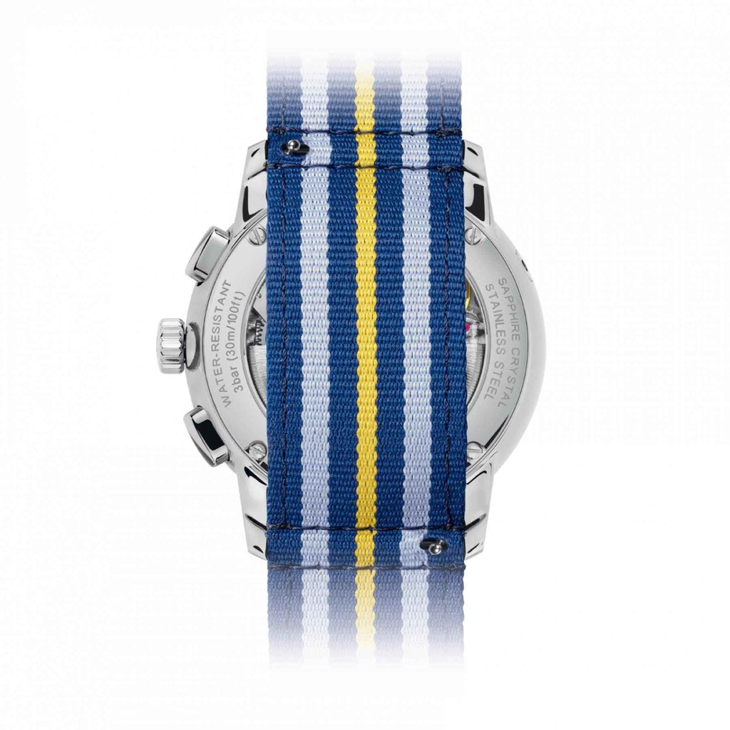 Orologio automatico con cassa acciaio e fondello, cinturino blu a righe gialle