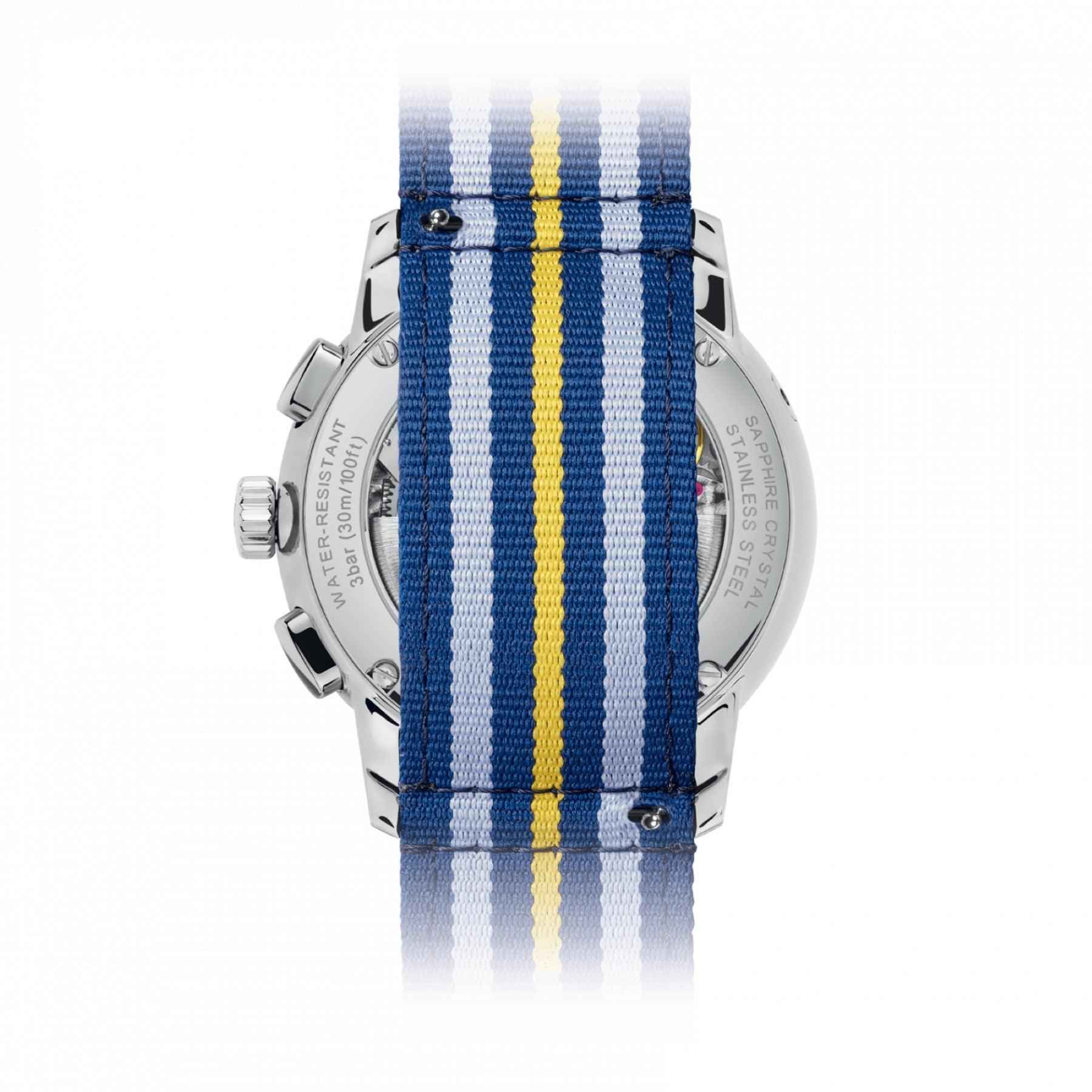 Orologio automatico con cassa acciaio e fondello, cinturino blu a righe gialle
