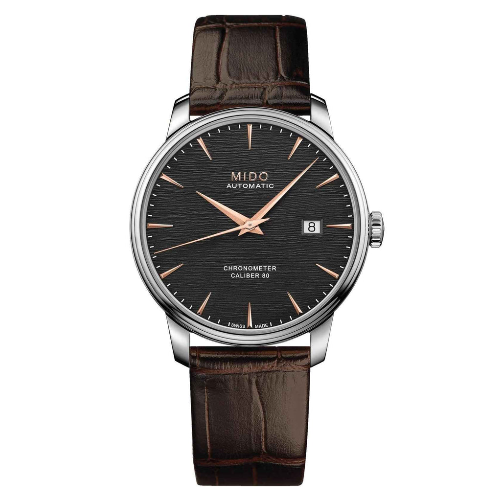 Orologio Mido automatico con quadrante nero, cinturino in pelle marrone e datario 8