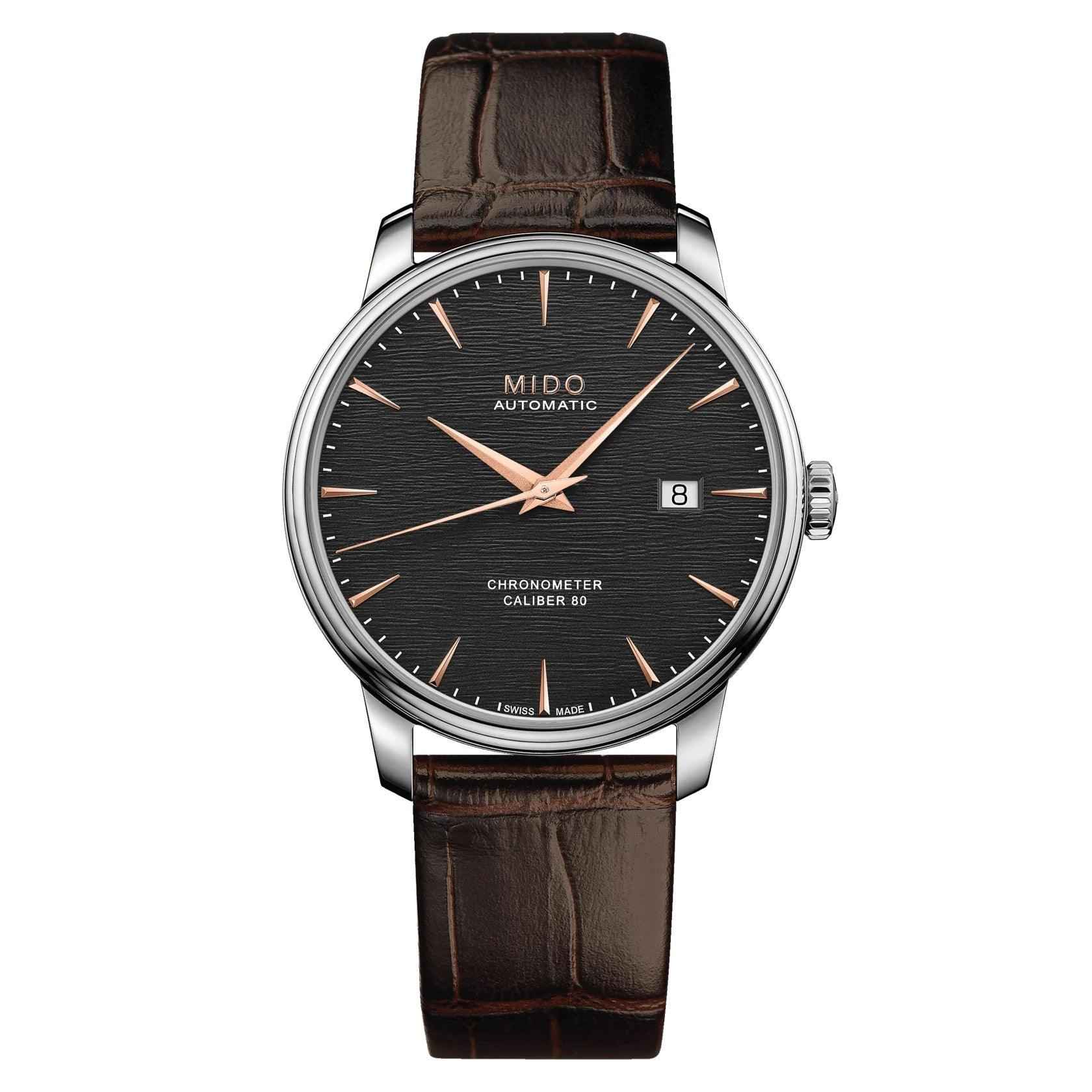 Orologio Mido automatico con quadrante nero, cinturino in pelle marrone e datario 8