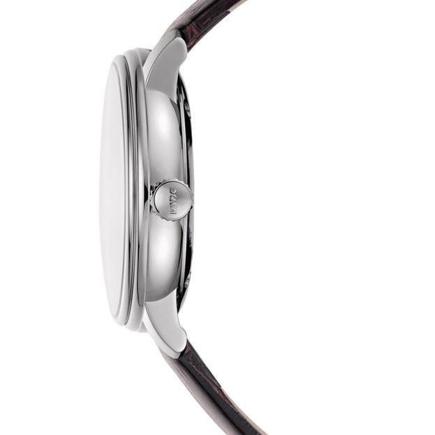 Orologio automatico vista laterale con cassa in acciaio lucido e cinturino marrone.