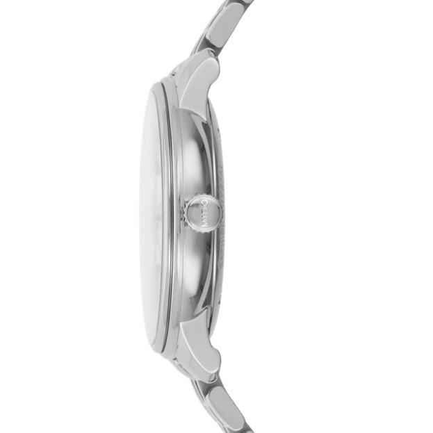 Orologio automatico 40mm: cassa in acciaio di lato con corona e cinturino a maglie