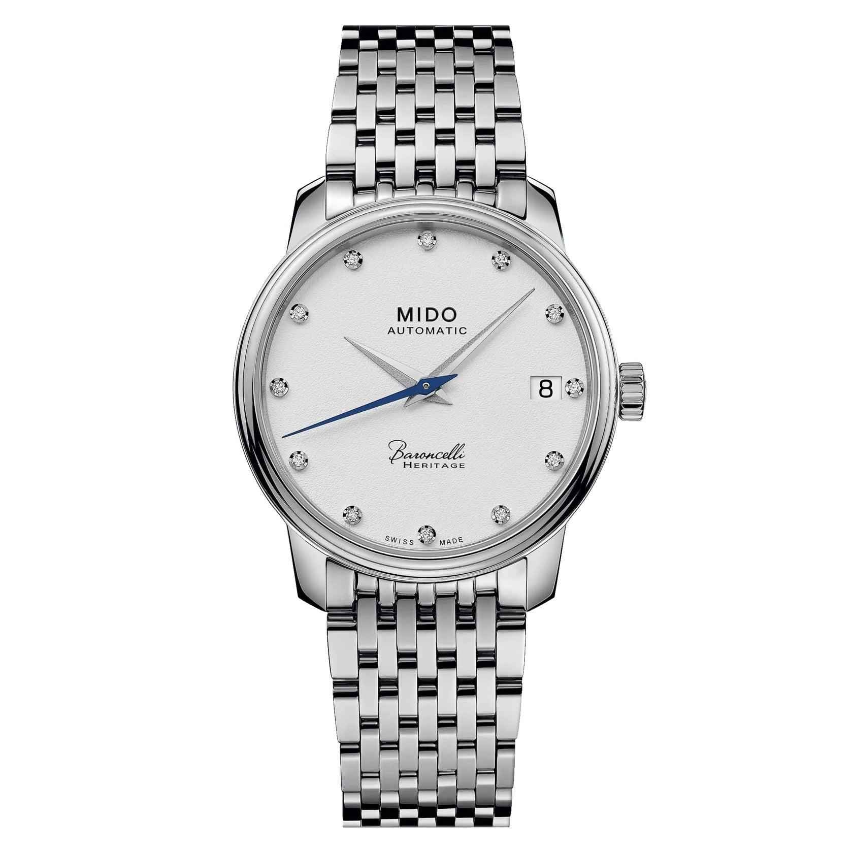 Orologio automatico Mido Baroncelli 33mm in acciaio, quadrante bianco e bracciale maglia