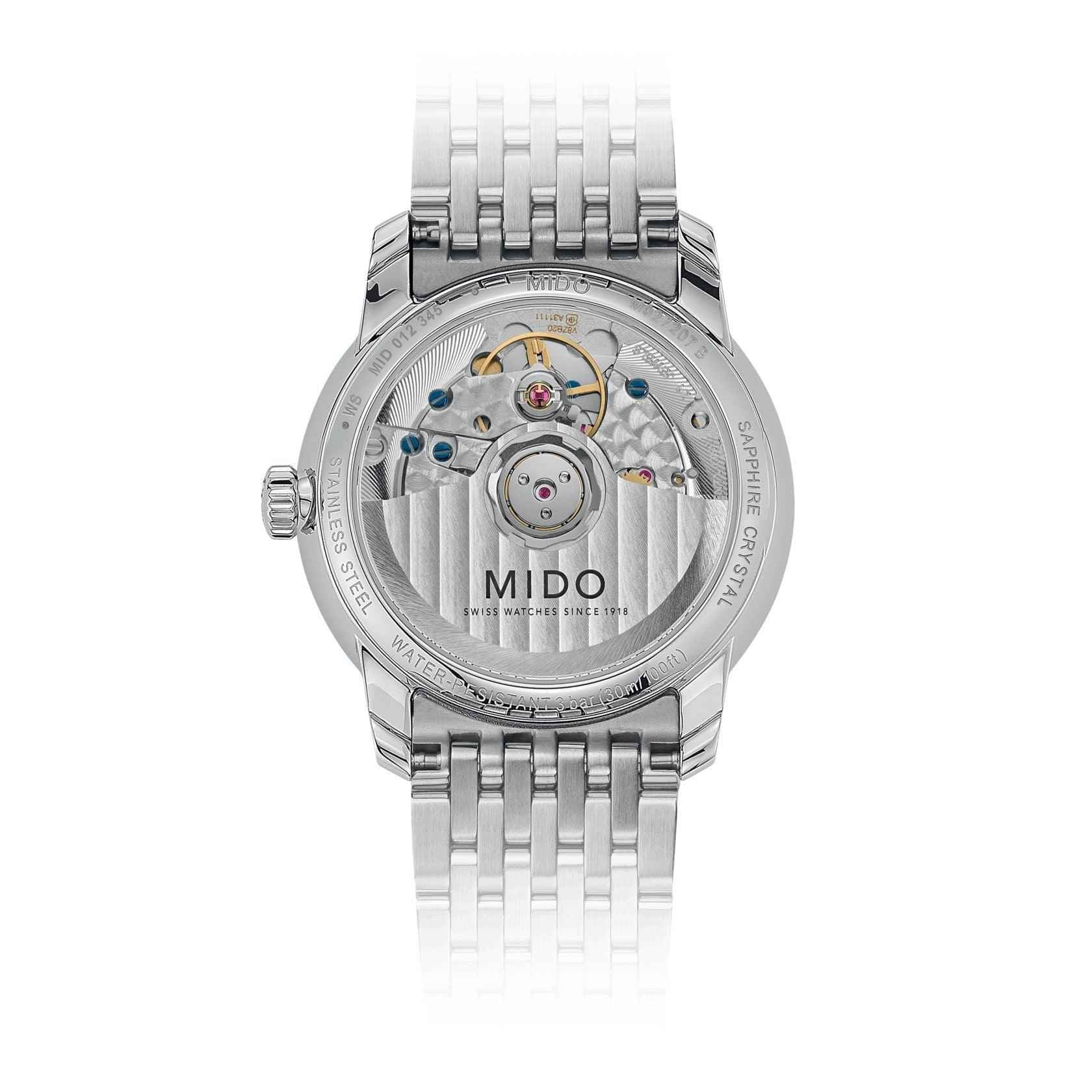 Orologio automatico Mido Baroncelli 33mm con fondello trasparente e bracciale in acciaio