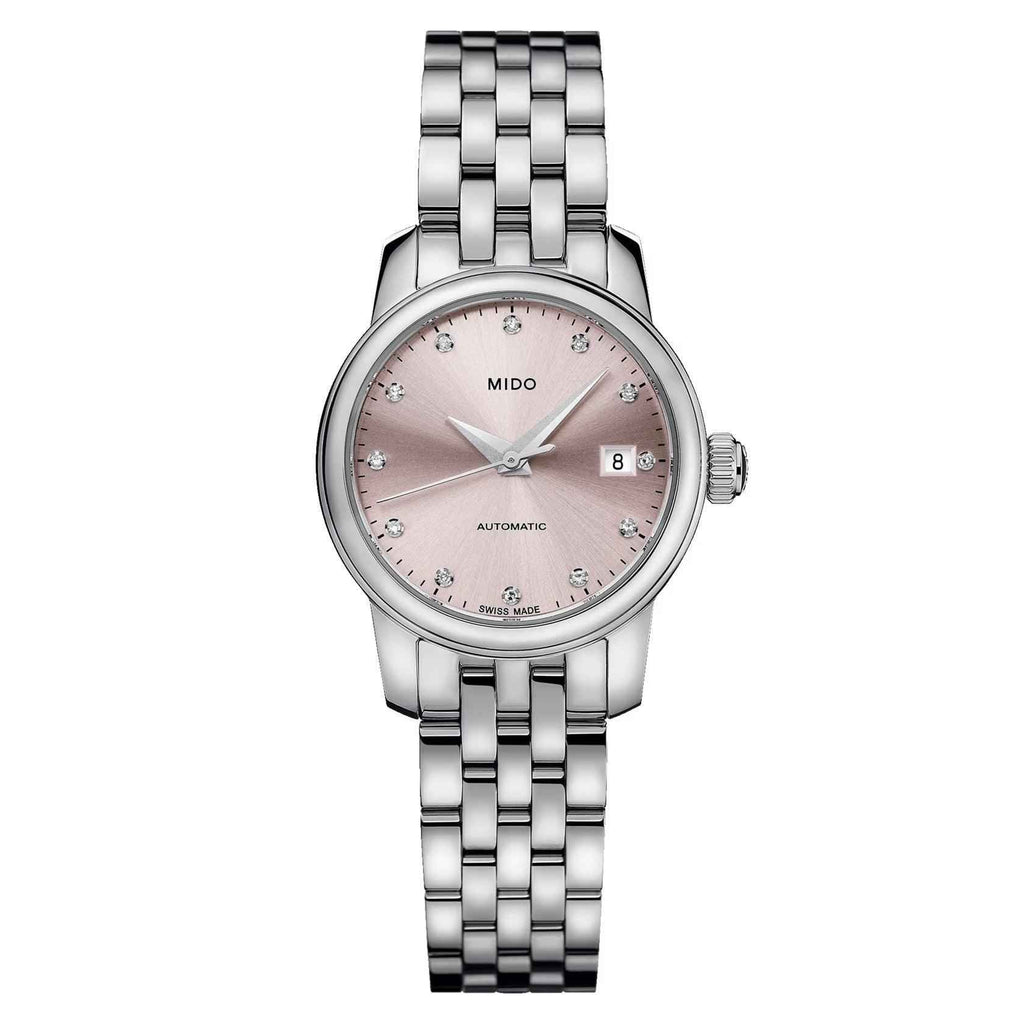 Orologio da donna automatico con cinturino in acciaio e quadrante rosa, indici a diamante