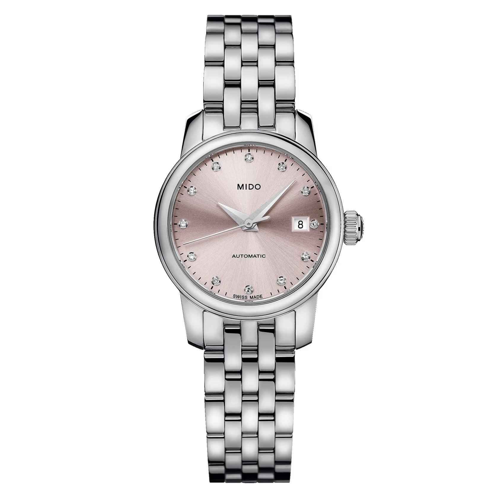 Orologio da donna automatico con cinturino in acciaio e quadrante rosa, indici a diamante