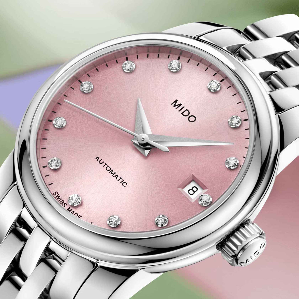 Orologio automatico con quadrante rosa e indici a diamante, cassa acciaio