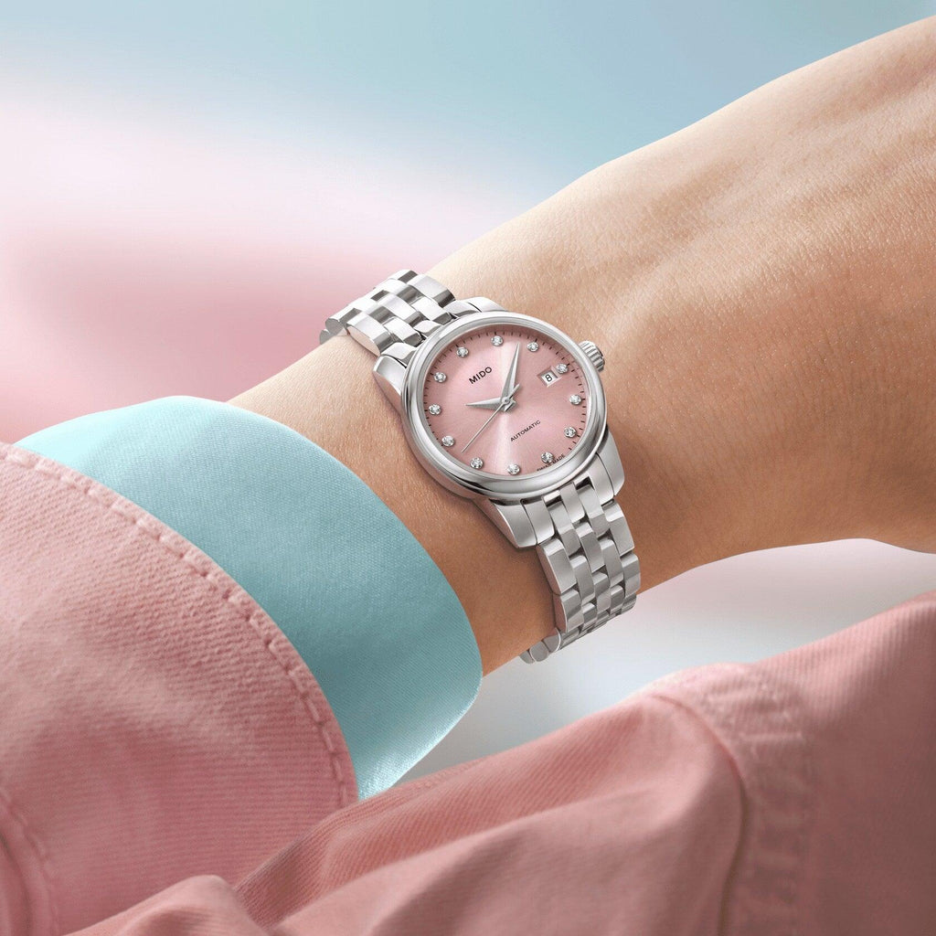 Orologio da donna in acciaio con quadrante rosa e bracciale a maglie