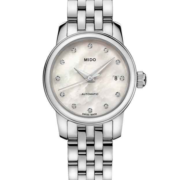 Orologio automatico con quadrante madreperla e indici diamanti, bracciale d’acciaio