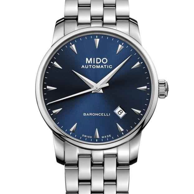 Orologio automatico Mido Baroncelli con quadrante blu e bracciale in acciaio, 38 mm