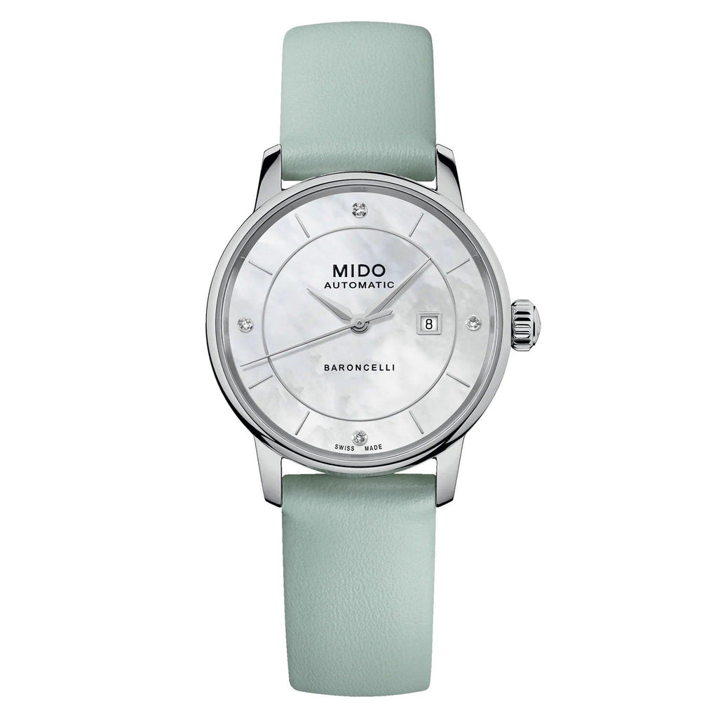 Orologio donna automatico: quadrante madreperla, cinturino verde chiaro, cassa acciaio