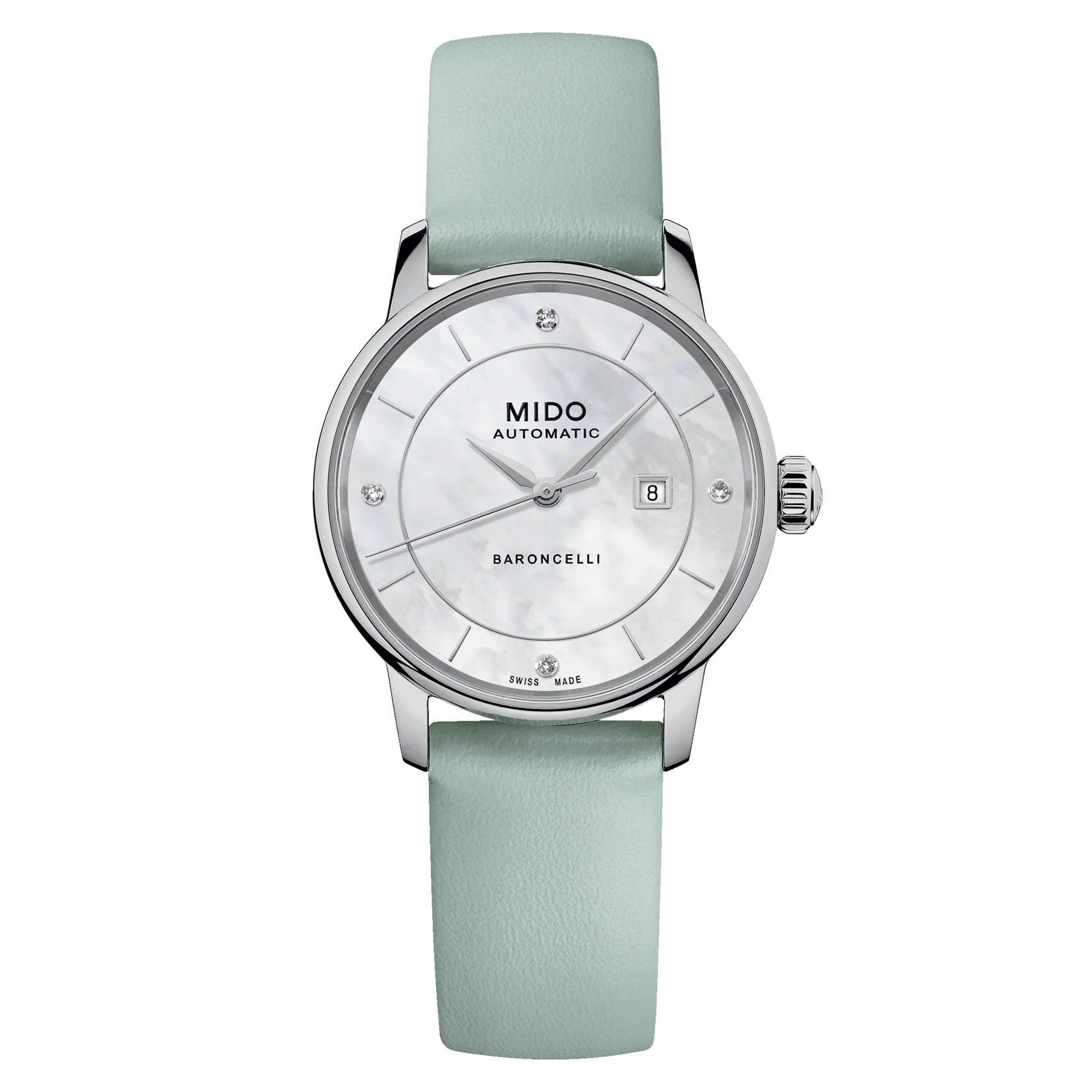 Orologio donna automatico: quadrante madreperla, cinturino verde chiaro, cassa acciaio