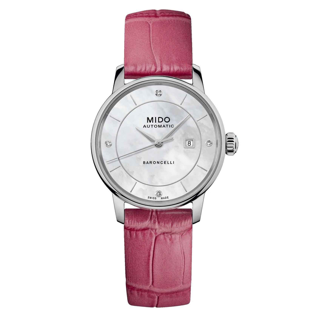 Orologio MIDO Baroncelli: cinturino pelle fucsia, cassa acciaio, quadrante madreperla
