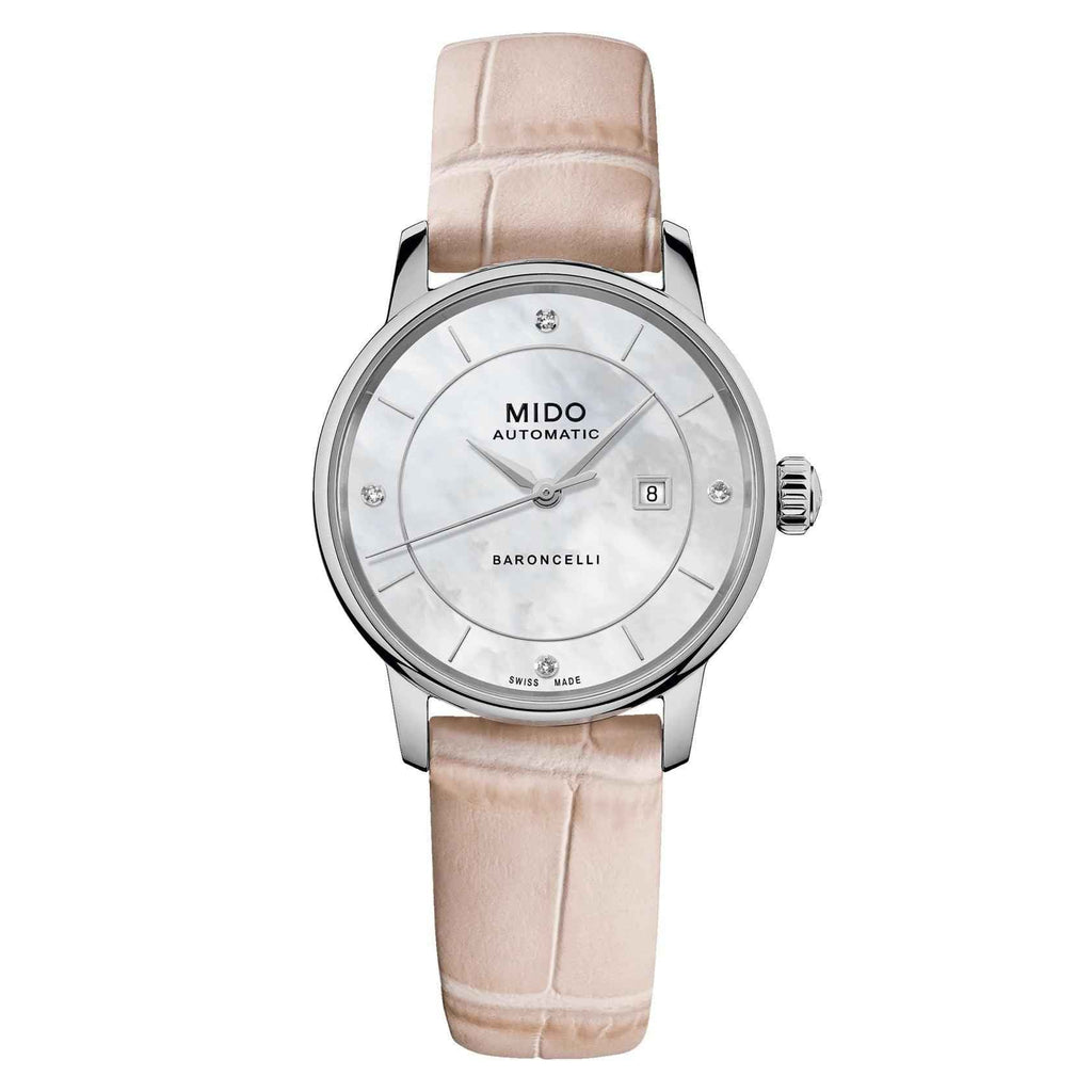 Orologio MIDO Baroncelli: cinturino pelle rosa chiaro, cassa acciaio, quadrante madreperla