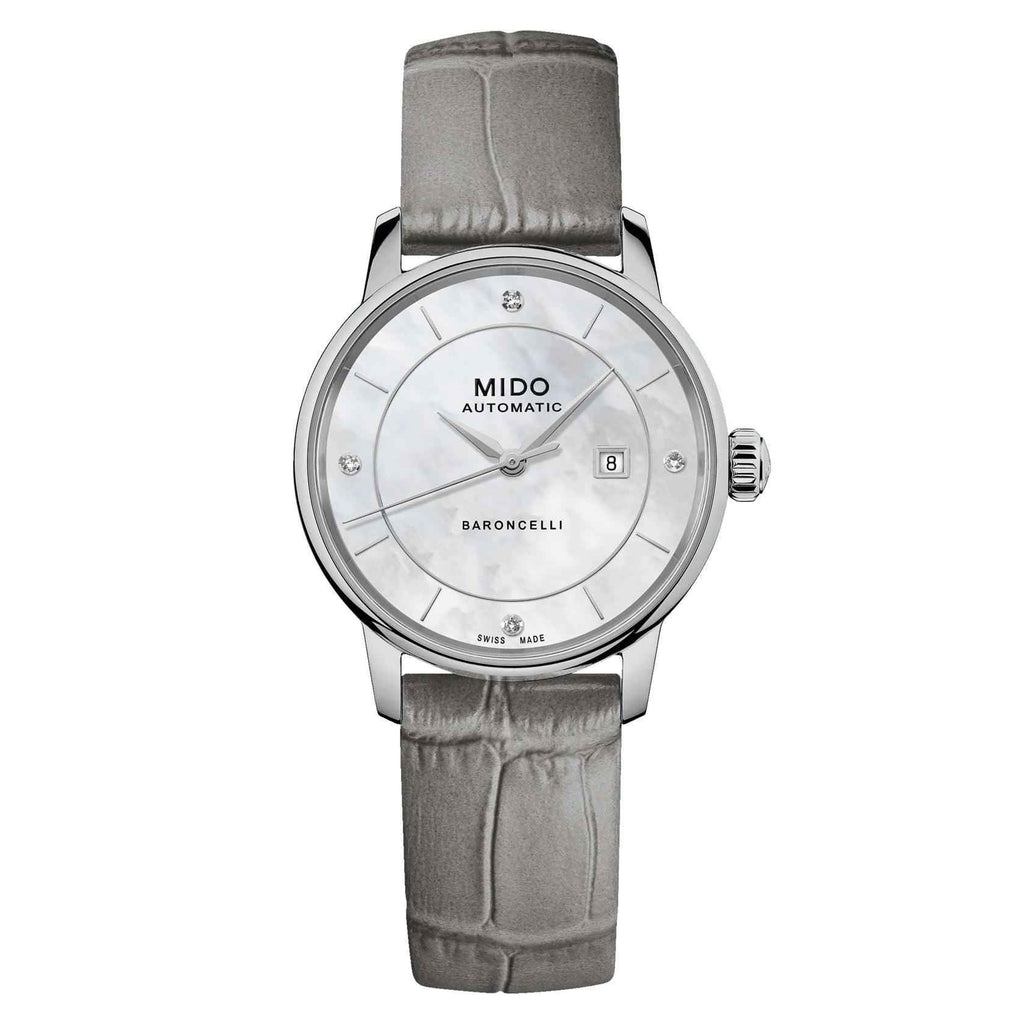 Orologio MIDO Baroncelli: cinturino pelle grigio, cassa acciaio, quadrante madreperla