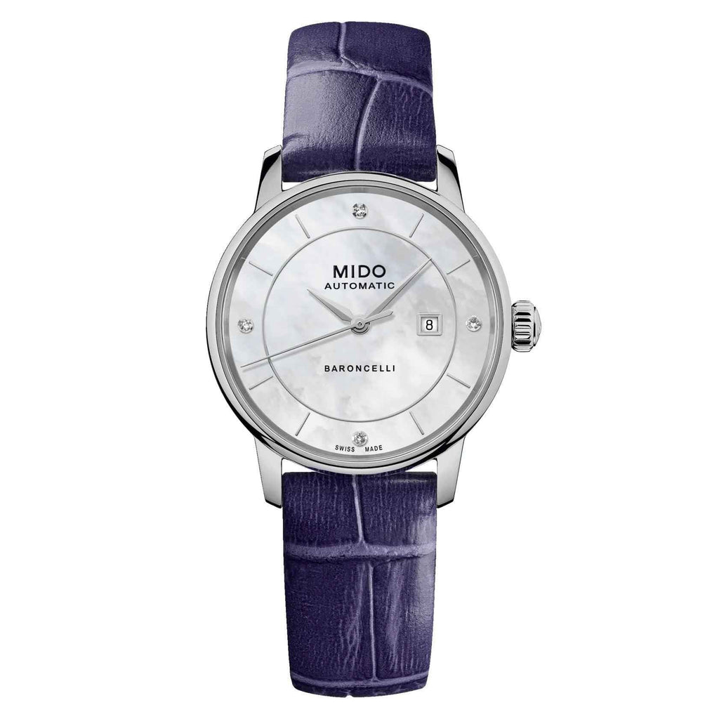 Orologio MIDO Baroncelli: cinturino pelle blu scuro, cassa acciaio, quadrante madreperla