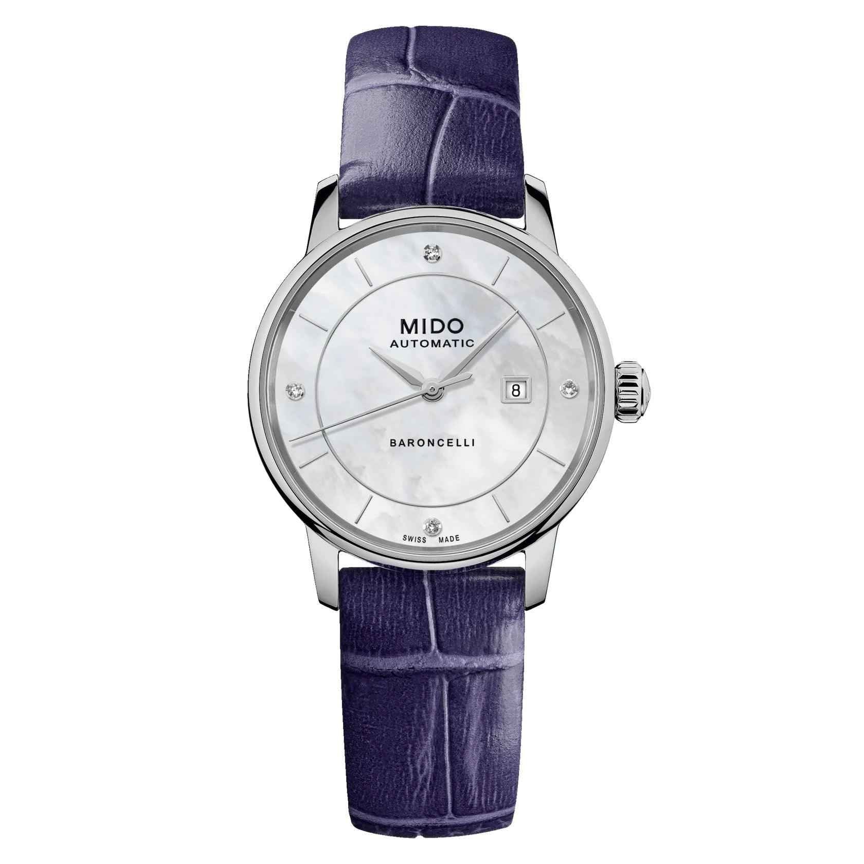 Orologio MIDO Baroncelli: cinturino pelle blu scuro, cassa acciaio, quadrante madreperla