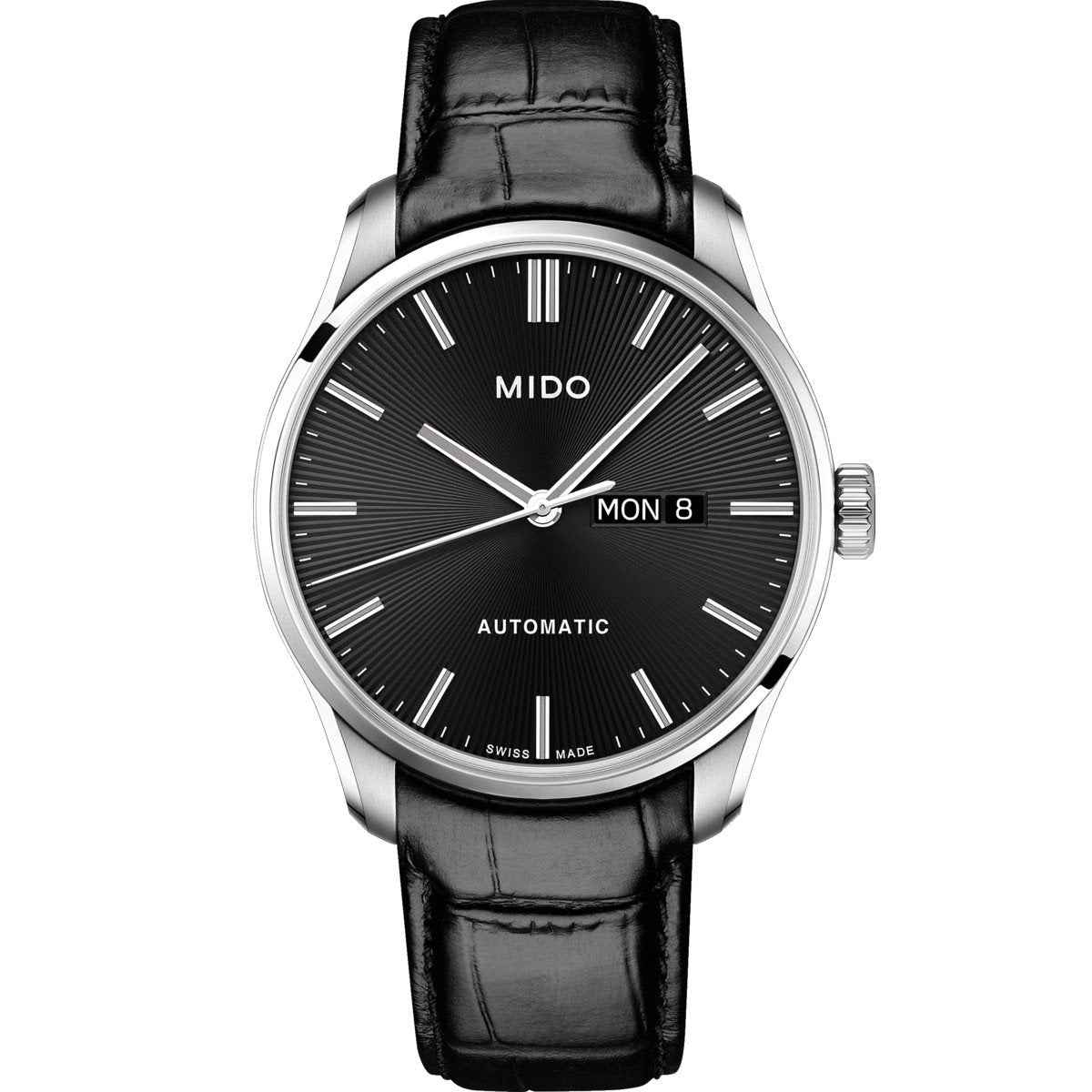 Orologio automatico con quadrante nero, cassa acciaio e cinturino pelle nero, data