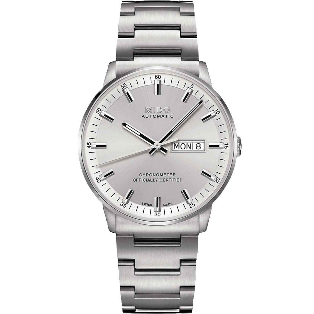 Orologio automatico da polso in acciaio con quadrante argento e bracciale maglia giorno/data