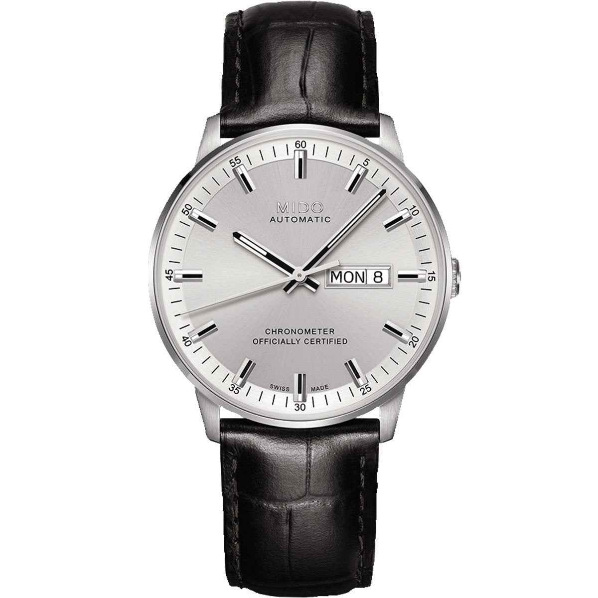 Orologio da polso Mido con quadrante argento e cinturino in pelle nera, automatico