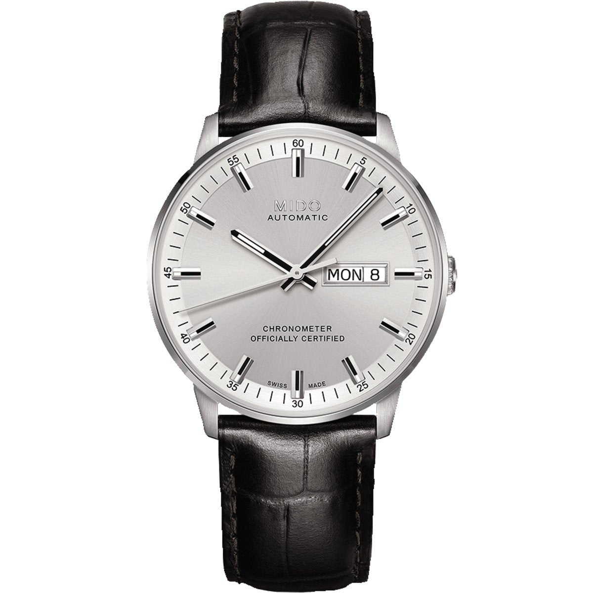 MIDO Commander Chronometer Automatico Uomo 40 mm Acciaio Quadrante Argento Vetro Zaffiro COSC Day-Date Caliber 80 Si Cinturino Pelle Nero 50 m Swiss Made Ref. M021.431.16.031.00
