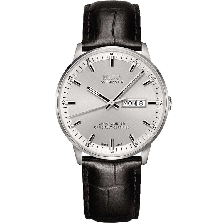 MIDO Commander Chronometer Automatico Uomo 40 mm Acciaio Quadrante Argento Vetro Zaffiro COSC Day-Date Caliber 80 Si Cinturino Pelle Nero 50 m Swiss Made Ref. M021.431.16.031.00