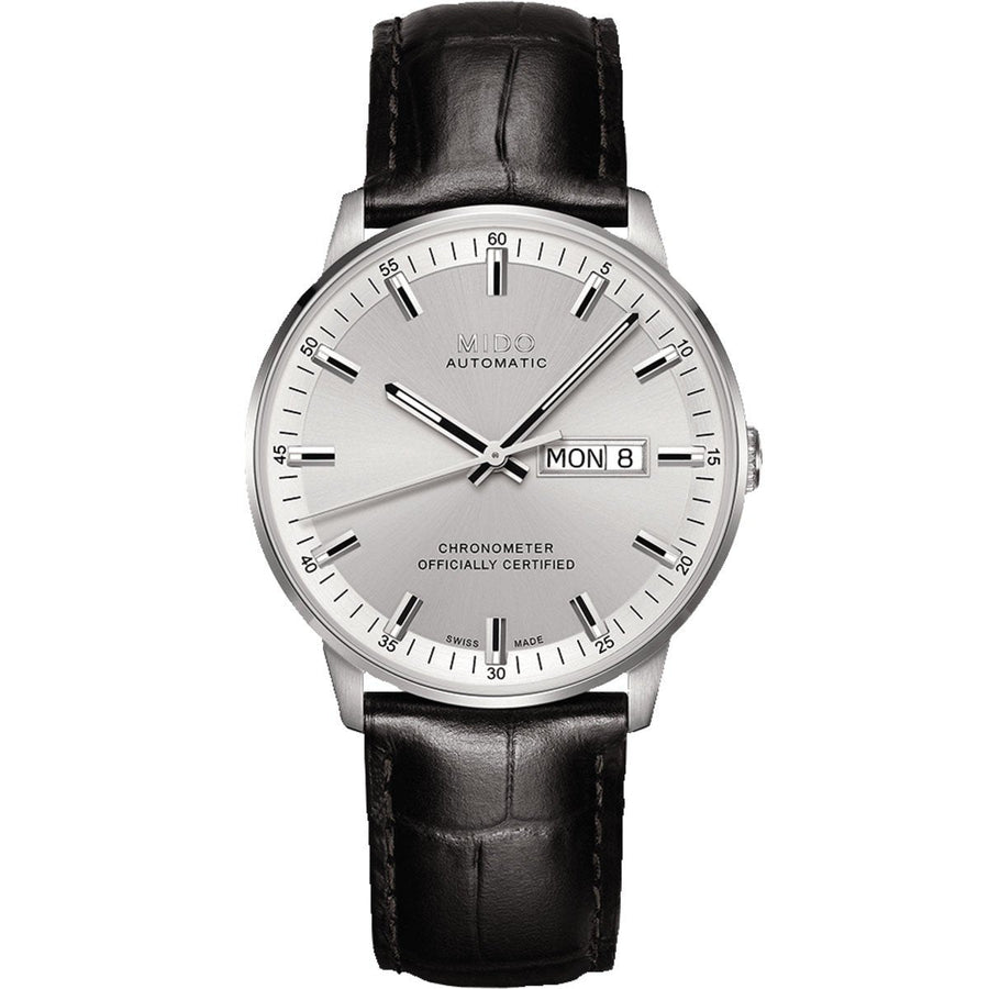 MIDO Commander Chronometer Automatico Uomo 40 mm Acciaio Quadrante Argento Vetro Zaffiro COSC Day-Date Caliber 80 Si Cinturino Pelle Nero 50 m Swiss Made Ref. M021.431.16.031.00