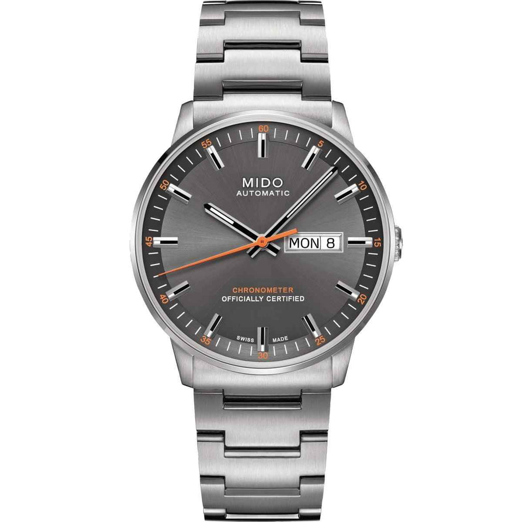 Orologio automatico MIDO in acciaio, quadrante grigio con datario e indici arancioni