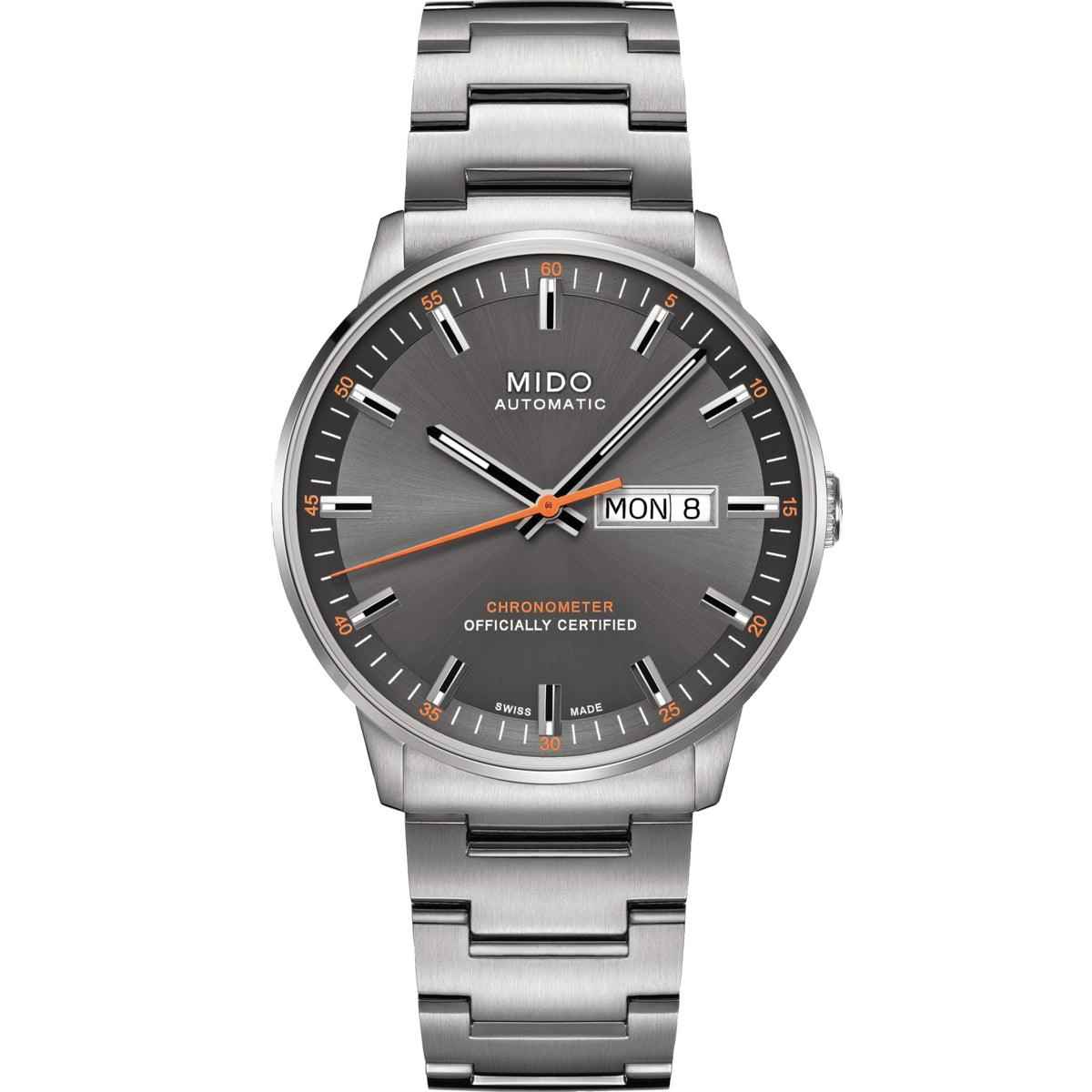 Orologio automatico MIDO in acciaio, quadrante grigio con datario e indici arancioni