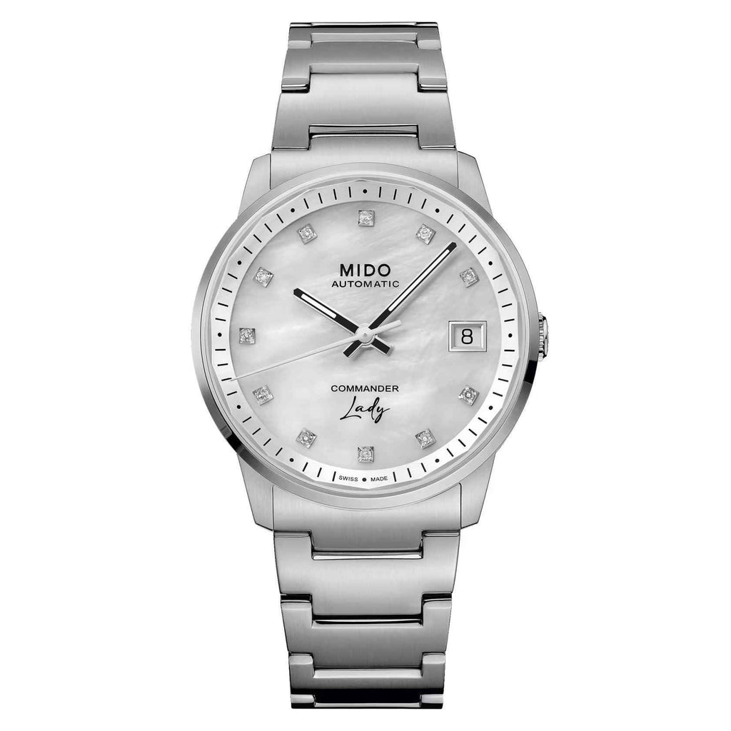 Orologio Mido Commander Lady automatico in acciaio, quadrante madreperla con diamanti