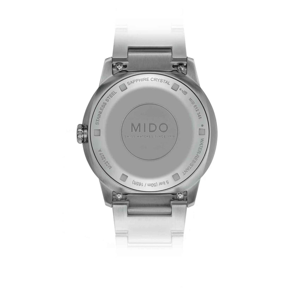Orologio Mido Commander Lady con fondello in acciaio inciso, scritta Sapphire Crystal