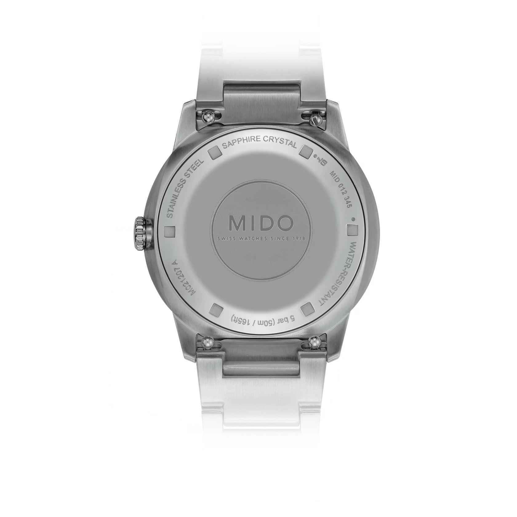 Orologio Mido Commander Lady con fondello in acciaio inciso, scritta Sapphire Crystal