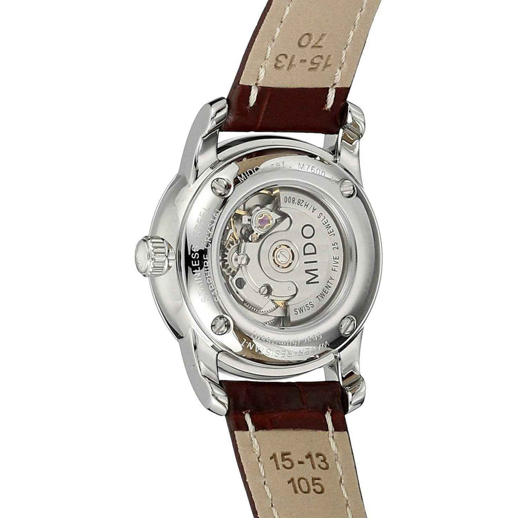 Orologio automatico Mido donna: fondello in acciaio e cinturino in pelle marrone