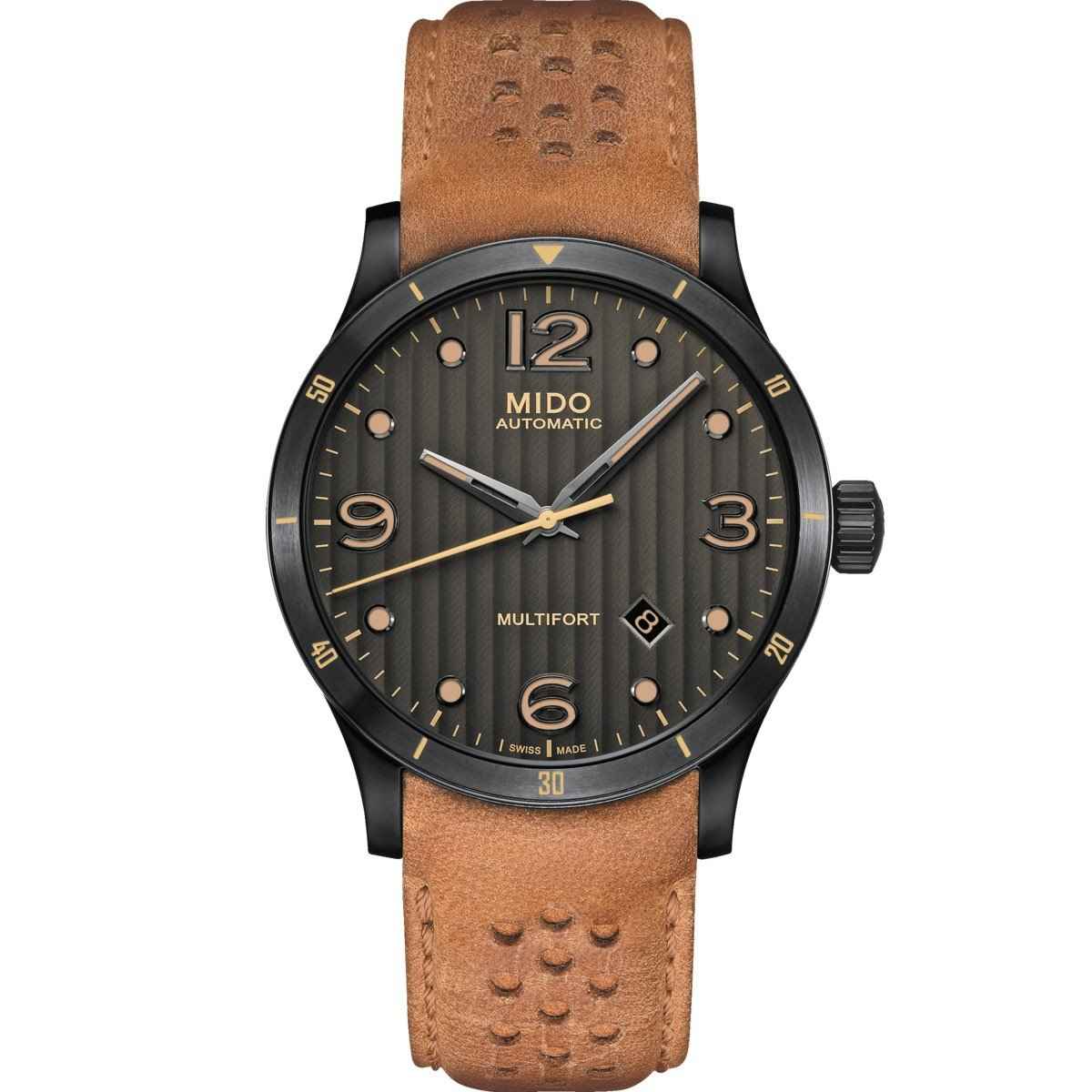 Orologio Mido Multifort con quadrante nero e cinturino in pelle marrone, automatico