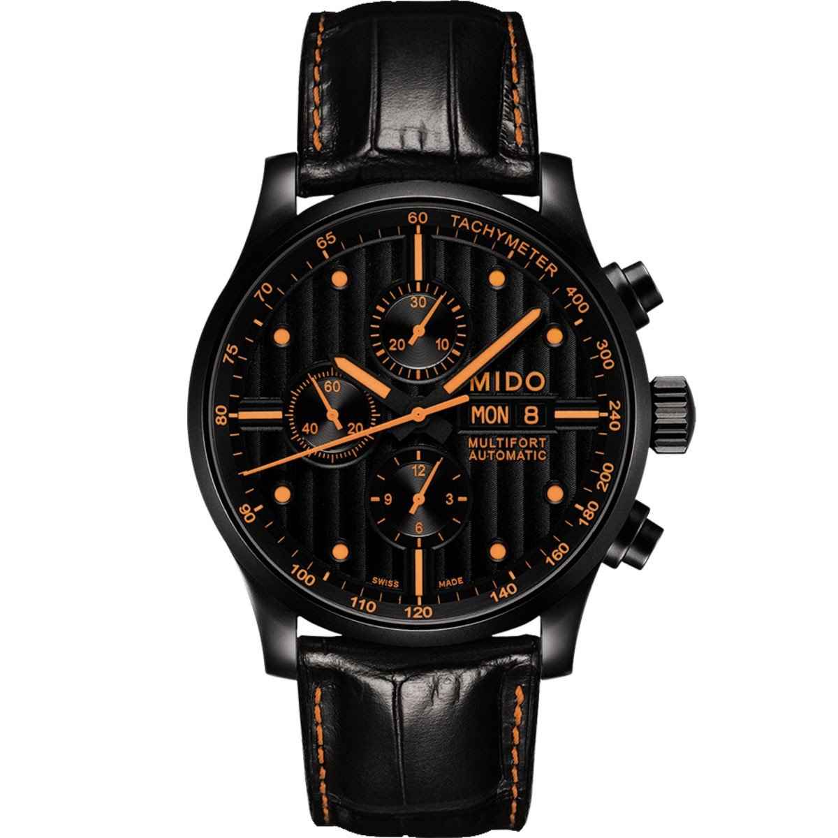 Orologio cronografo Mido Multifort automatico, quadrante nero e cinturino pelle nera