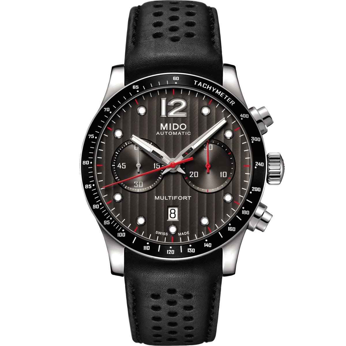 Orologio Mido Multifort 44mm automatico con quadrante nero e cinturino in pelle nera traforata