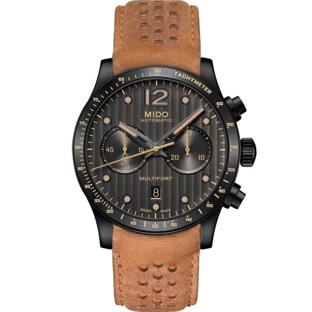 Orologio cronografo con quadrante antracite e cinturino in pelle marrone