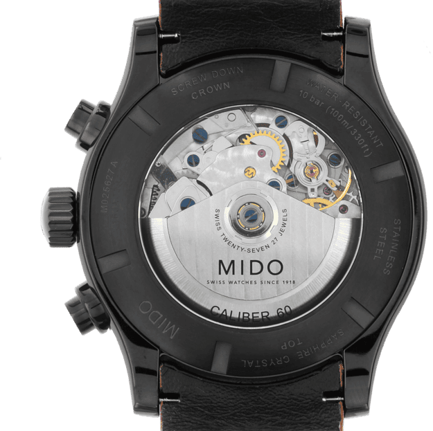 Orologio cronografo, fondello nero con meccanismo a vista e cinturino in pelle nera