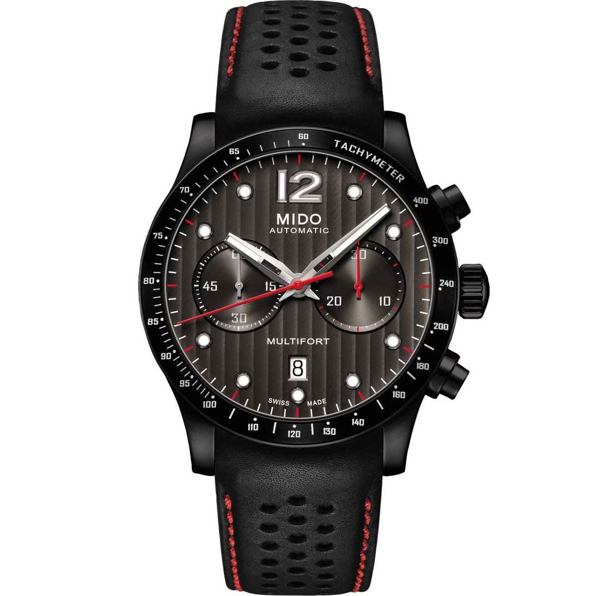 Orologio cronografo automatico con cinturino in gomma nera e quadrante nero con rosso