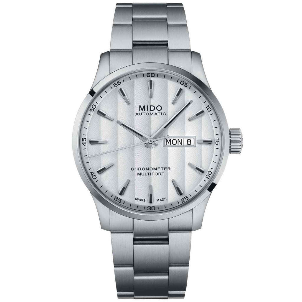 Orologio Mido automatico con quadrante bianco, bracciale d’acciaio e giorno/data