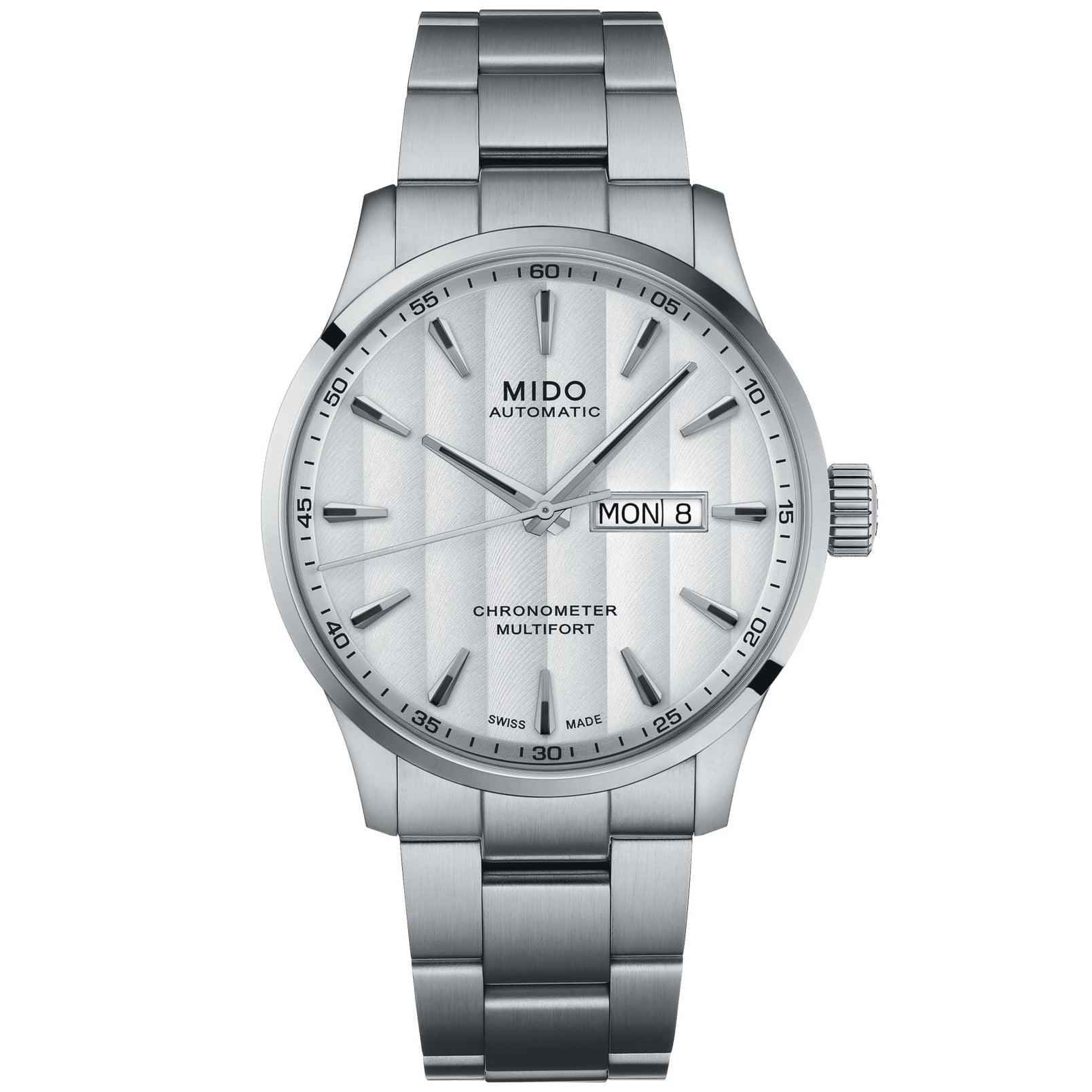 Orologio Mido automatico con quadrante bianco, bracciale d’acciaio e giorno/data