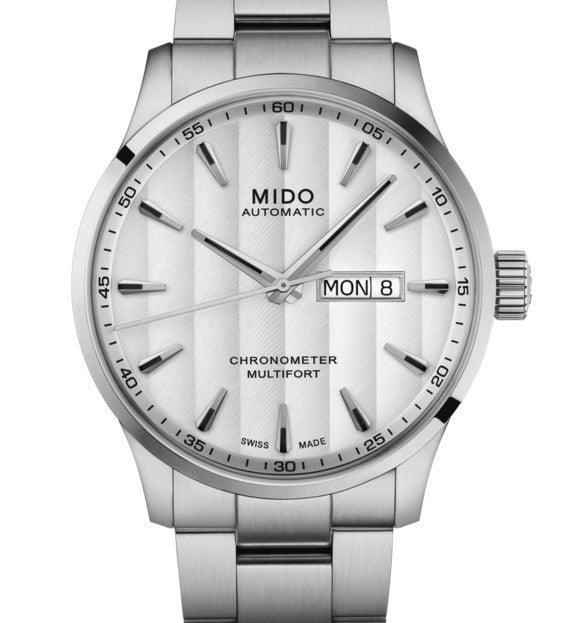 Orologio Mido automatico quadrante bianco con giorno/data e indici in acciaio