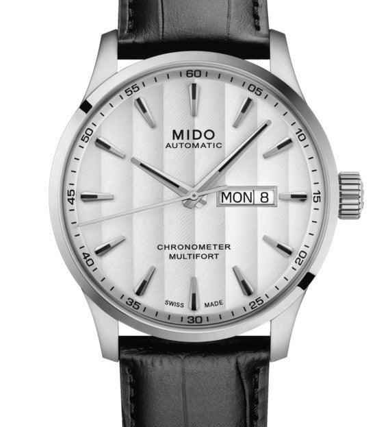Orologio Mido automatico con quadrante bianco e bracciale in pelle nera, datario