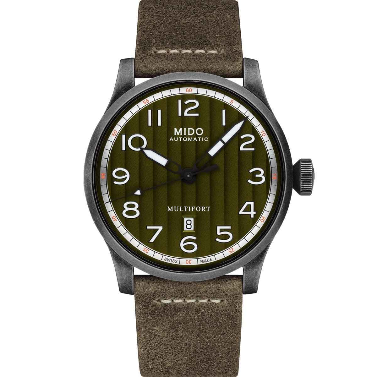 Orologio Mido Multifort automatico, quadrante kaki e cinturino in pelle marrone