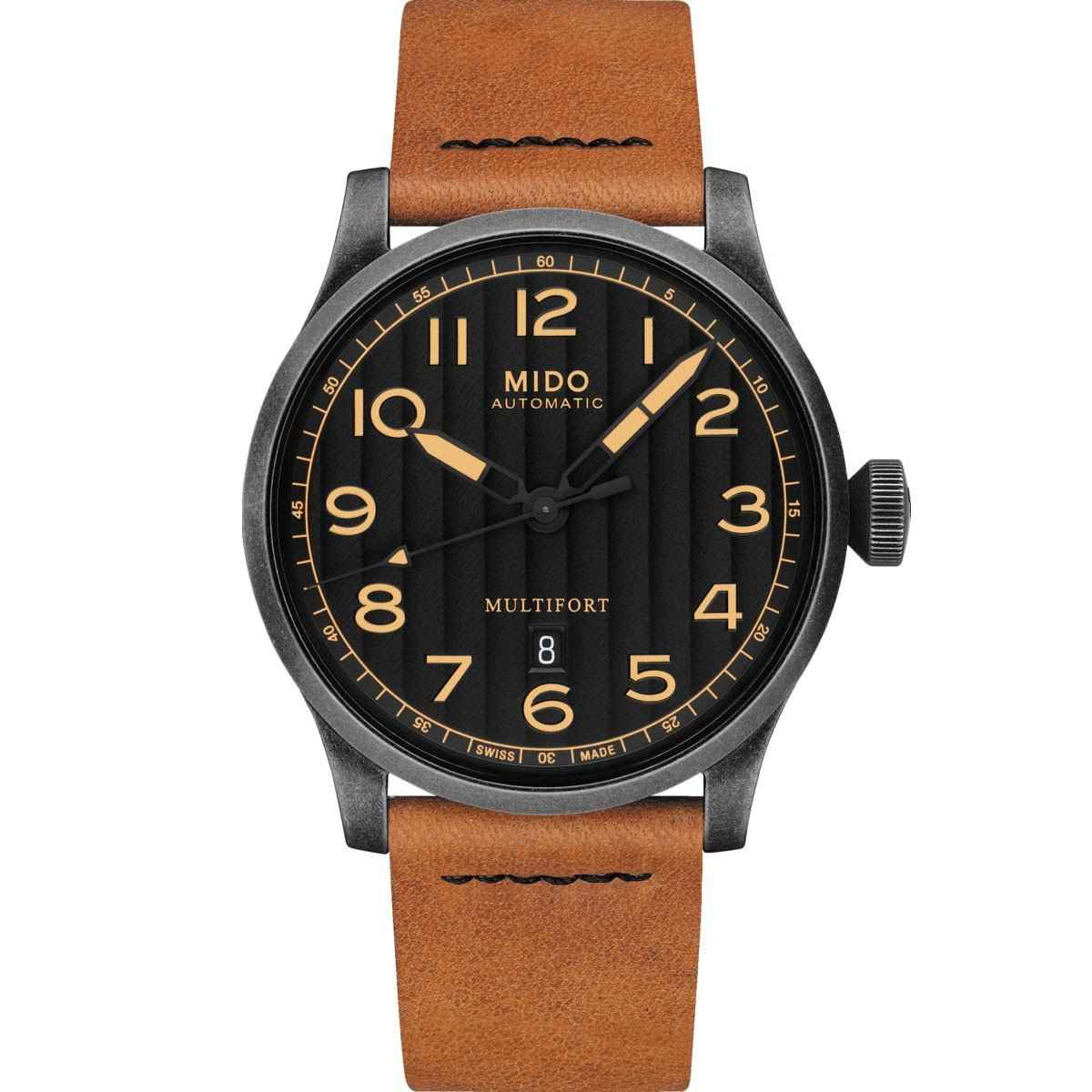 Orologio automatico con quadrante nero e cinturino in pelle marrone, cassa acciaio