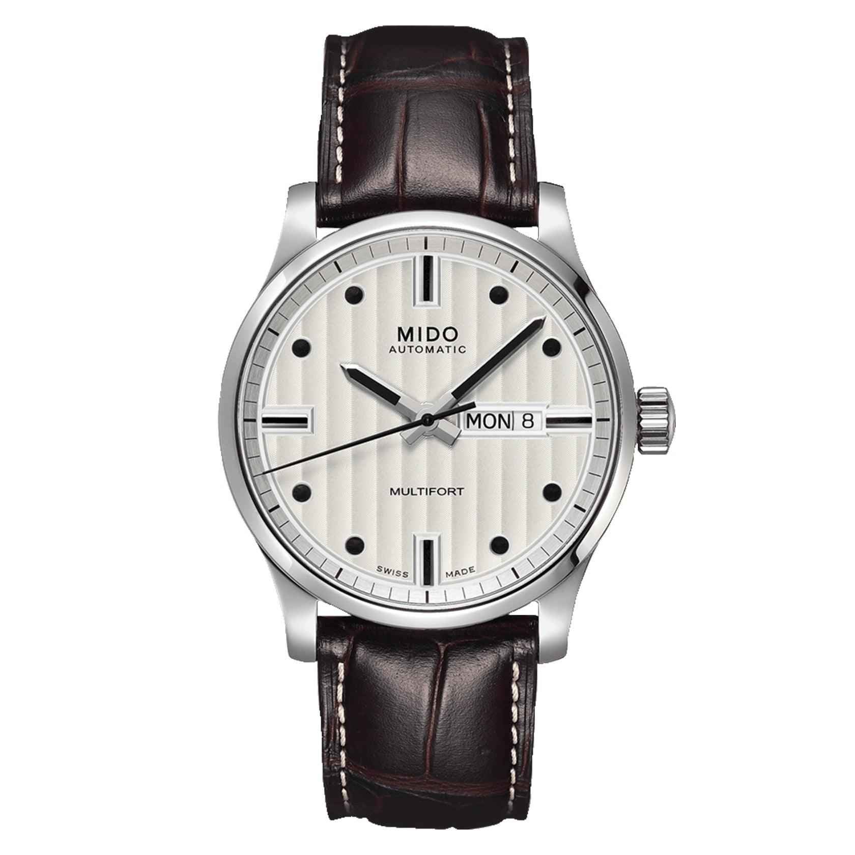 Orologio automatico Mido Multifort 42mm con quadrante chiaro e cinturino in pelle marrone